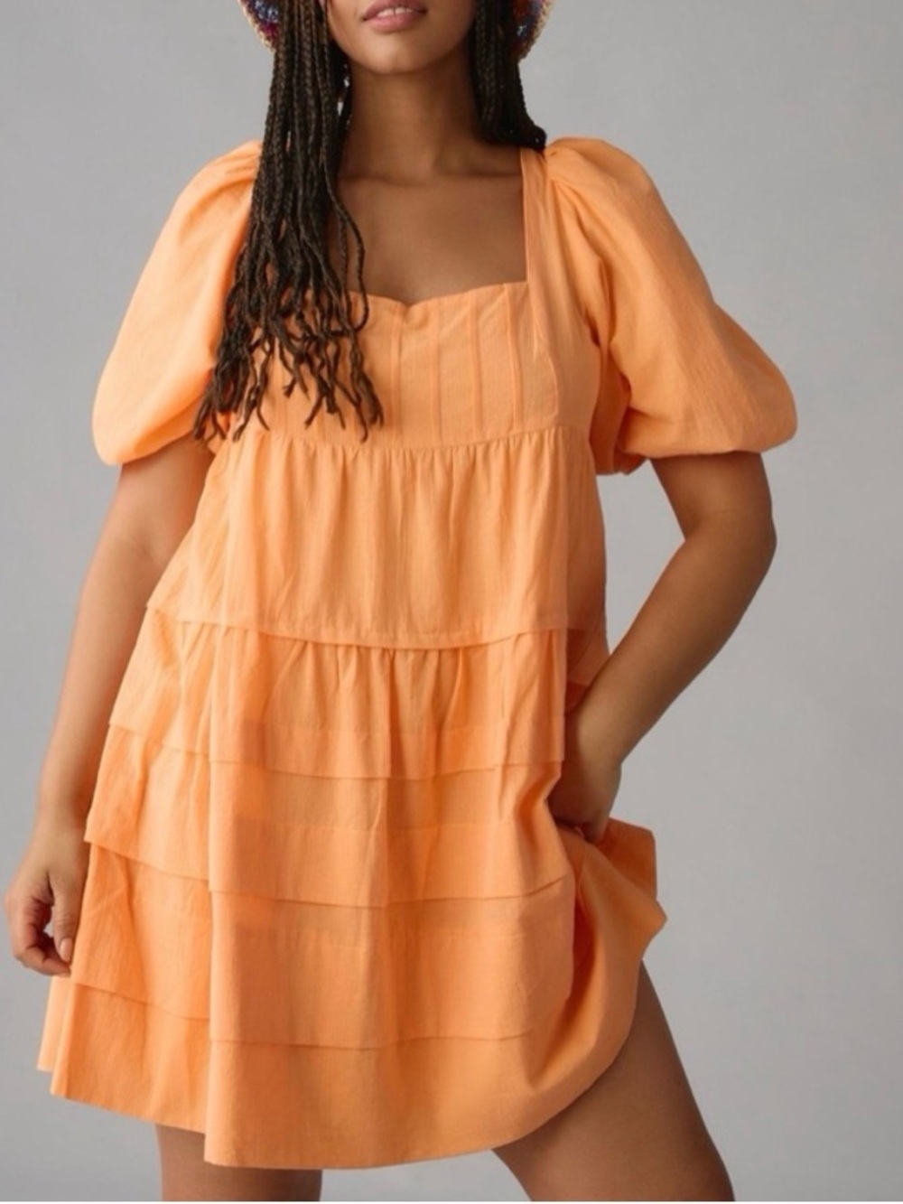 Anthropologie Square Neck Puff Sleeve Orange Dress Size Small